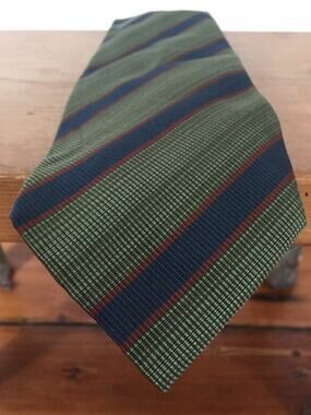 David Chu Green Blue Red Diagonal Striped Silk Cotton 3.75" Wide Mens Neck Tie